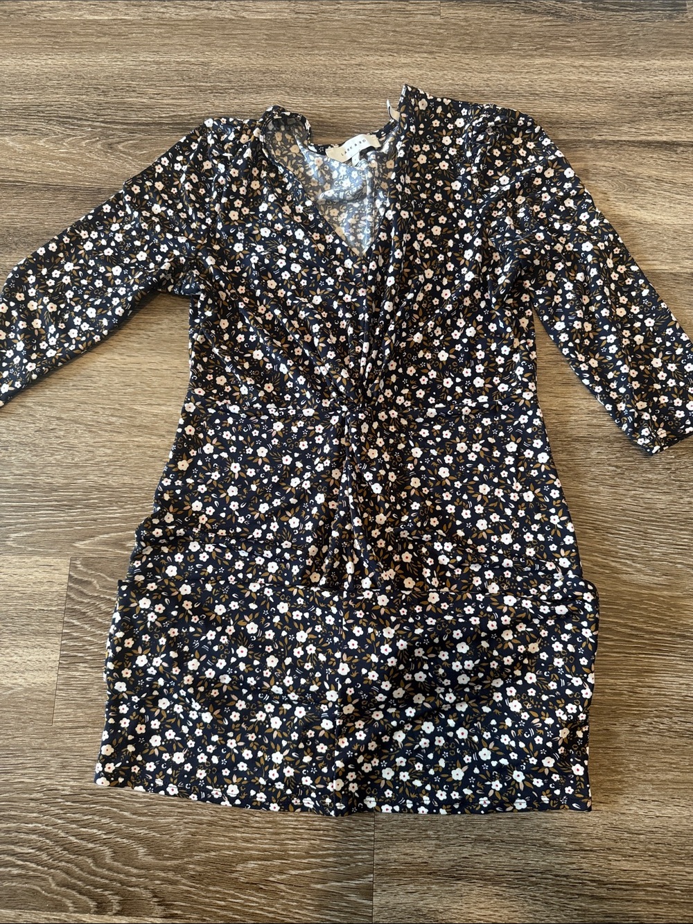 Lark & Ro Black Floral Midi Dress with White and Tan Flowers
